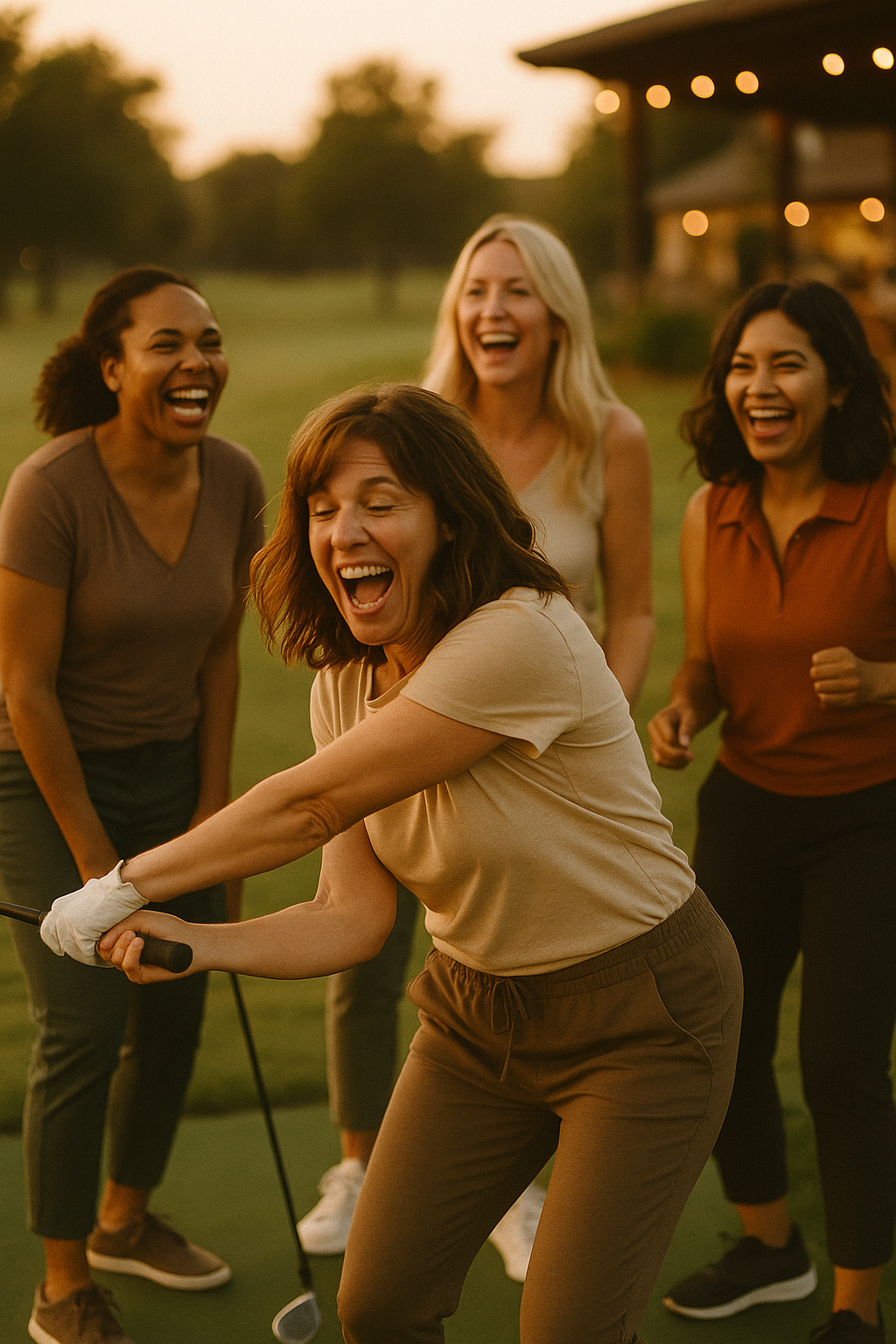 A group of women laughing together at golden hour during a golf outing at Applewood, one mid-swing after a playful mishit while her friends cheer her on.